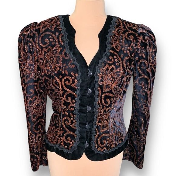 Vintage Collarless Blazer Tailored Black Velvet Structured Hourglass Metallic - Picture 1 of 14